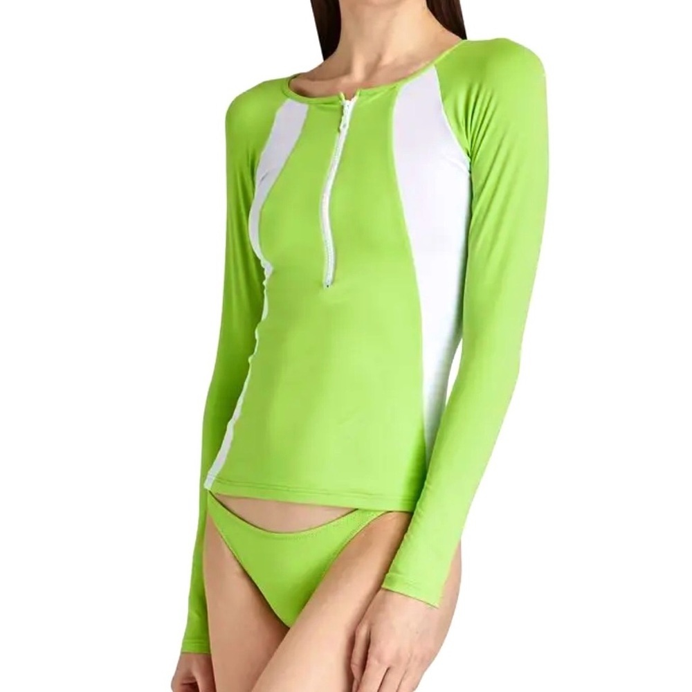 Melissa Odabash Bondi Lime TwoTone Rash Guard Top & Bikini Bottom Swimsuit 10/12
